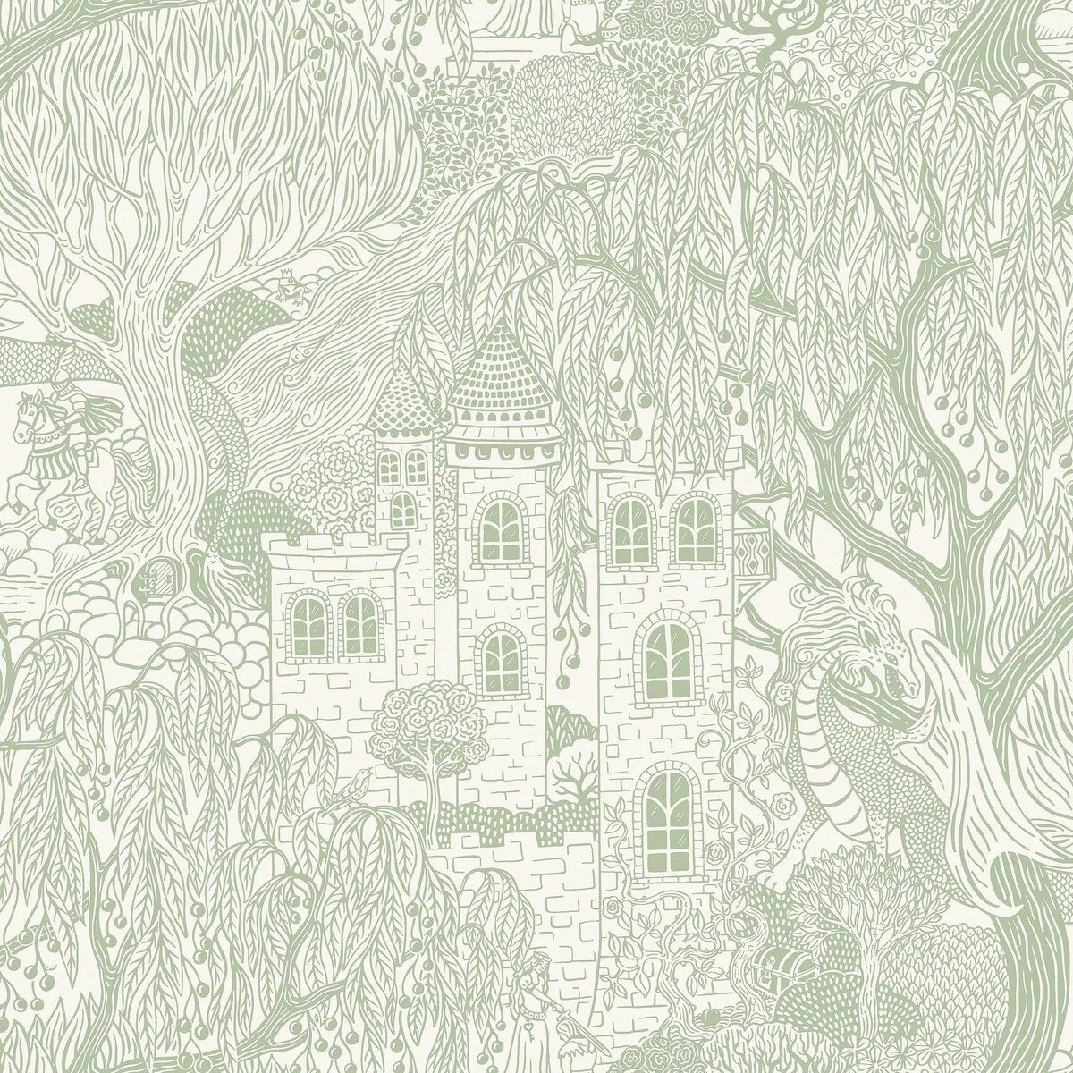 Featuring a charming fairy-tale, our Kingdom of the Willow wallpaper is colored in a fresh green hue on an eggshell-white background.