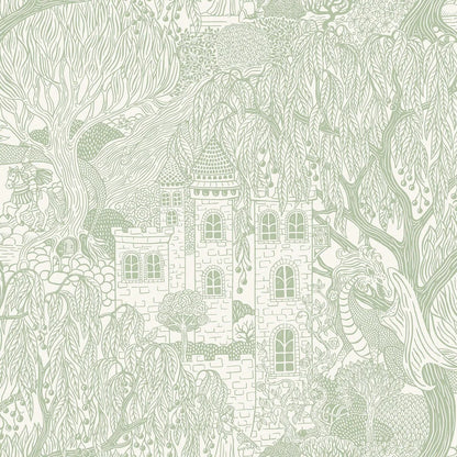 Featuring a charming fairy-tale, our Kingdom of the Willow wallpaper is colored in a fresh green hue on an eggshell-white background.
