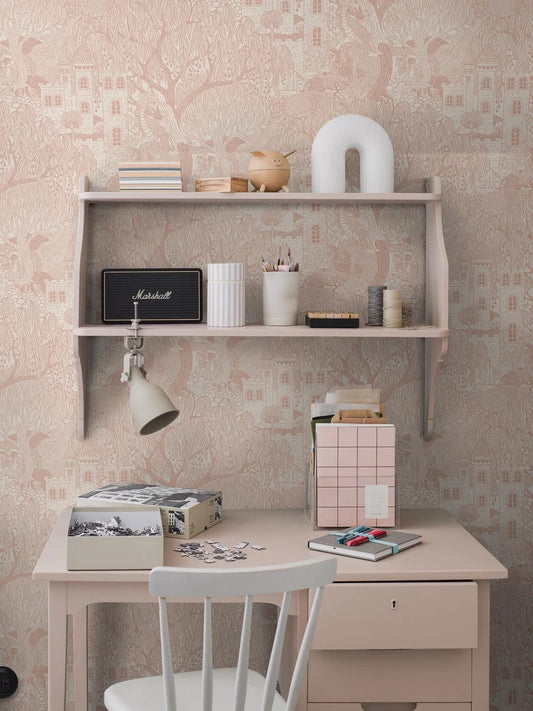 A fairy-tale scene unfolds in our Kingdom of the Willow wallpaper colored in soft warm pink on an eggshell-white background.