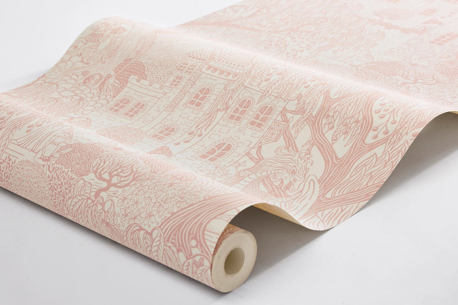 A fairy-tale scene unfolds in our Kingdom of the Willow wallpaper colored in soft warm pink on an eggshell-white background.