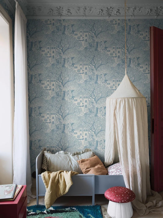 Create your very own fairy tale with our Kingdom of the Willow wallpaper colored in a muted blue on an eggshell-white background in a surface print.