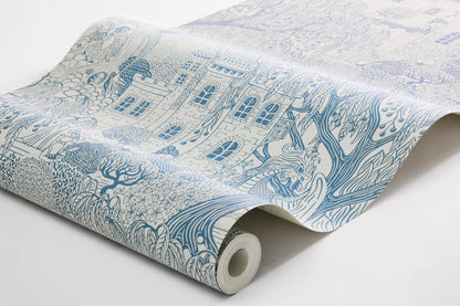 Create your very own fairy tale with our Kingdom of the Willow wallpaper colored in a muted blue on an eggshell-white background in a surface print.