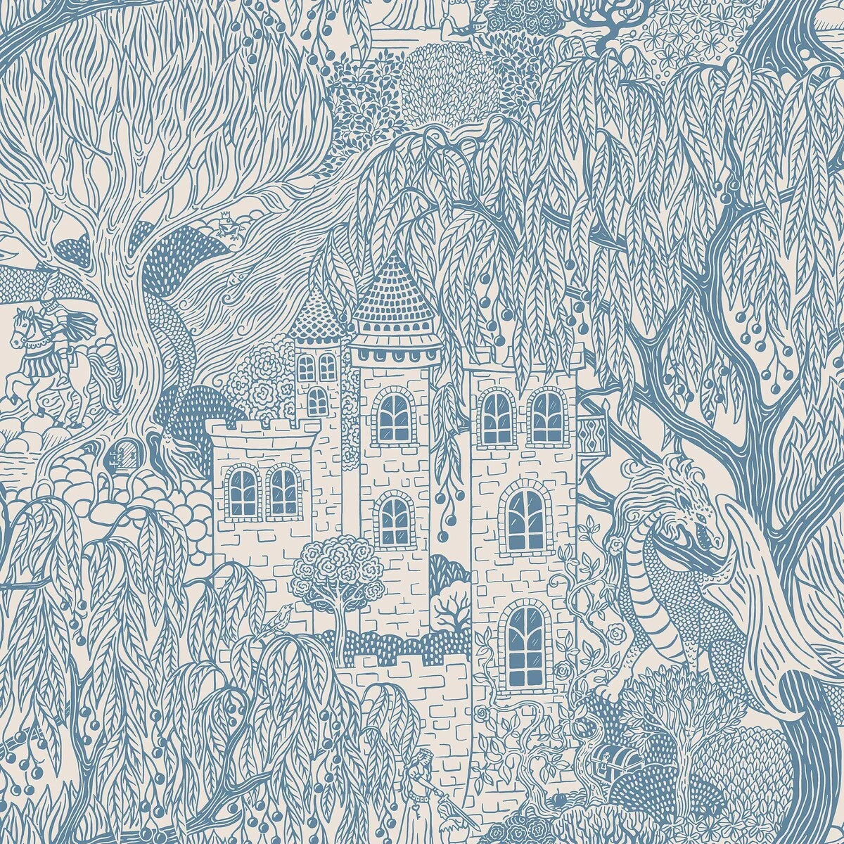 Create your very own fairy tale with our Kingdom of the Willow wallpaper colored in a muted blue on an eggshell-white background in a surface print.