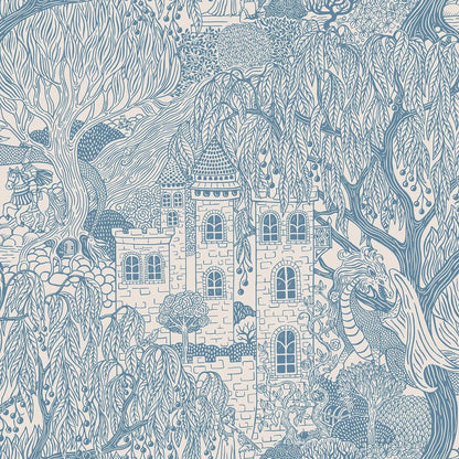 Create your very own fairy tale with our Kingdom of the Willow wallpaper colored in a muted blue on an eggshell-white background in a surface print.