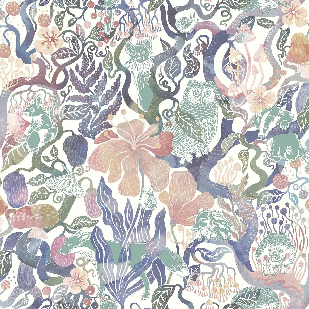 Our Magic Woods wallpaper features a dreamy woodland design in soft multi-colored pastel hues on a warm white background.