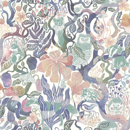 Our Magic Woods wallpaper features a dreamy woodland design in soft multi-colored pastel hues on a warm white background.