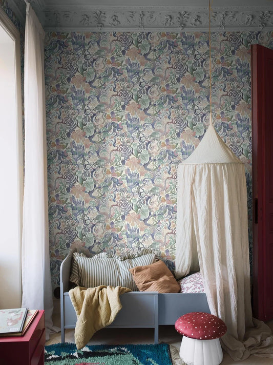 Our Magic Woods wallpaper features a dreamy woodland design in soft multi-colored pastel hues on a warm white background.