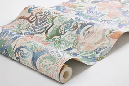 Our Magic Woods wallpaper features a dreamy woodland design in soft multi-colored pastel hues on a warm white background.