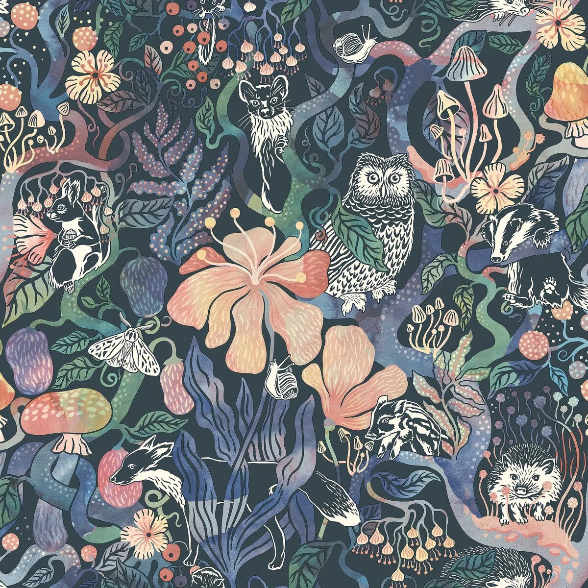 Colored in rich, dark tones of purple, pink, blue, and green on a deep blue-black background, our Magic Woods wallpaper is both organic and contemporary.