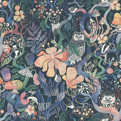 Colored in rich, dark tones of purple, pink, blue, and green on a deep blue-black background, our Magic Woods wallpaper is both organic and contemporary.