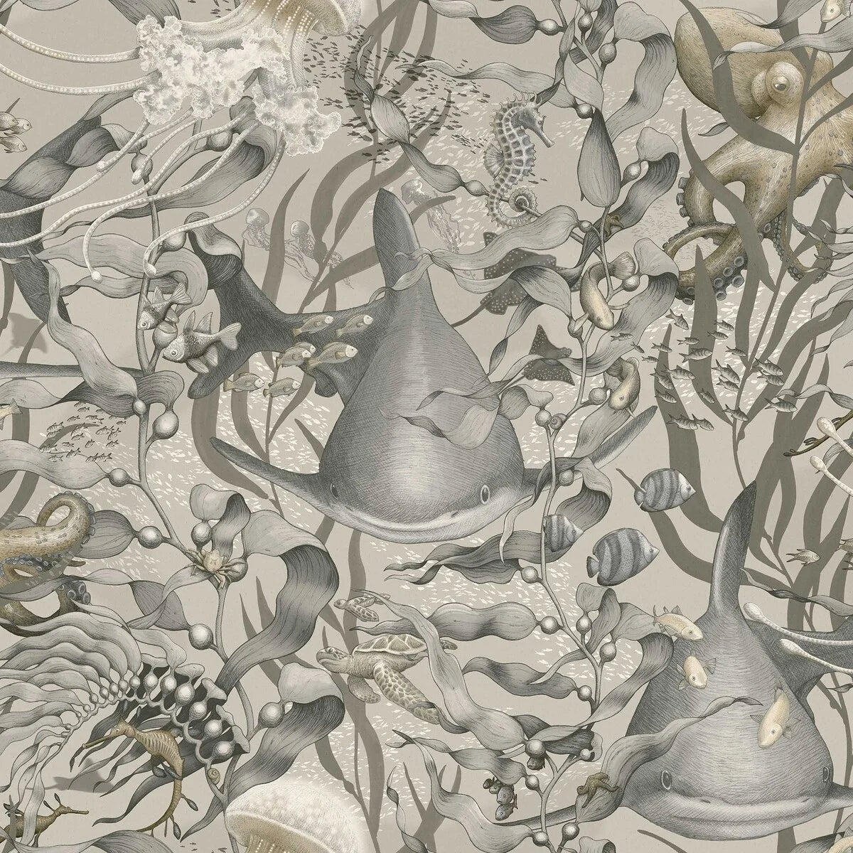 Capture the quiet mystery of the ocean depths with our Underwater Magic wallpaper colored in a grey-beige tone-on-tone design. 