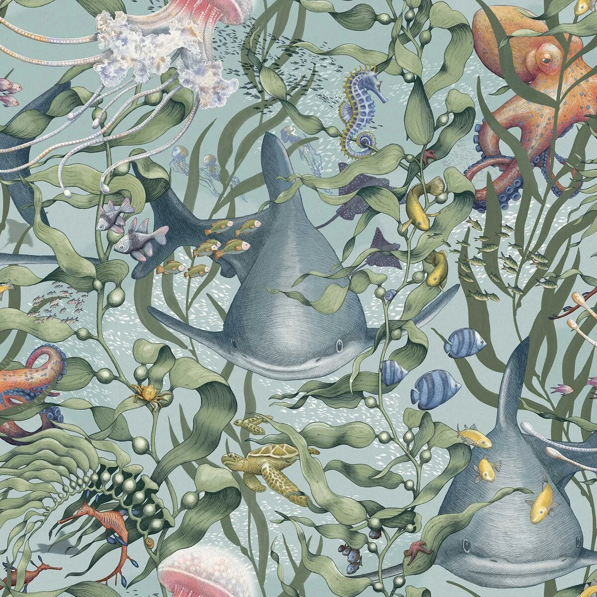 Dive into a vibrant underwater world set against an aqua-green background with our Underwater Magic wallpaper. 