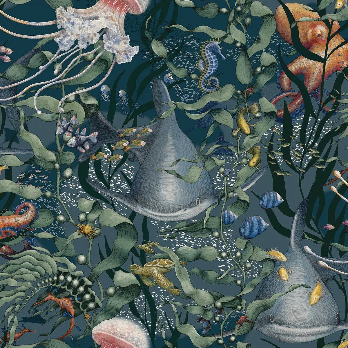 An enchanting underwater scene unfolds in our Underwater Magic wallpaper set on a midnight blue background with rich multi-colored detailing.