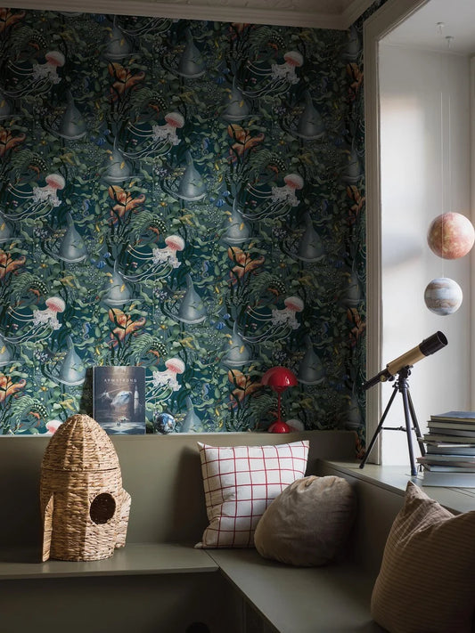 An enchanting underwater scene unfolds in our Underwater Magic wallpaper set on a midnight blue background with rich multi-colored detailing.