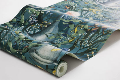 An enchanting underwater scene unfolds in our Underwater Magic wallpaper set on a midnight blue background with rich multi-colored detailing.