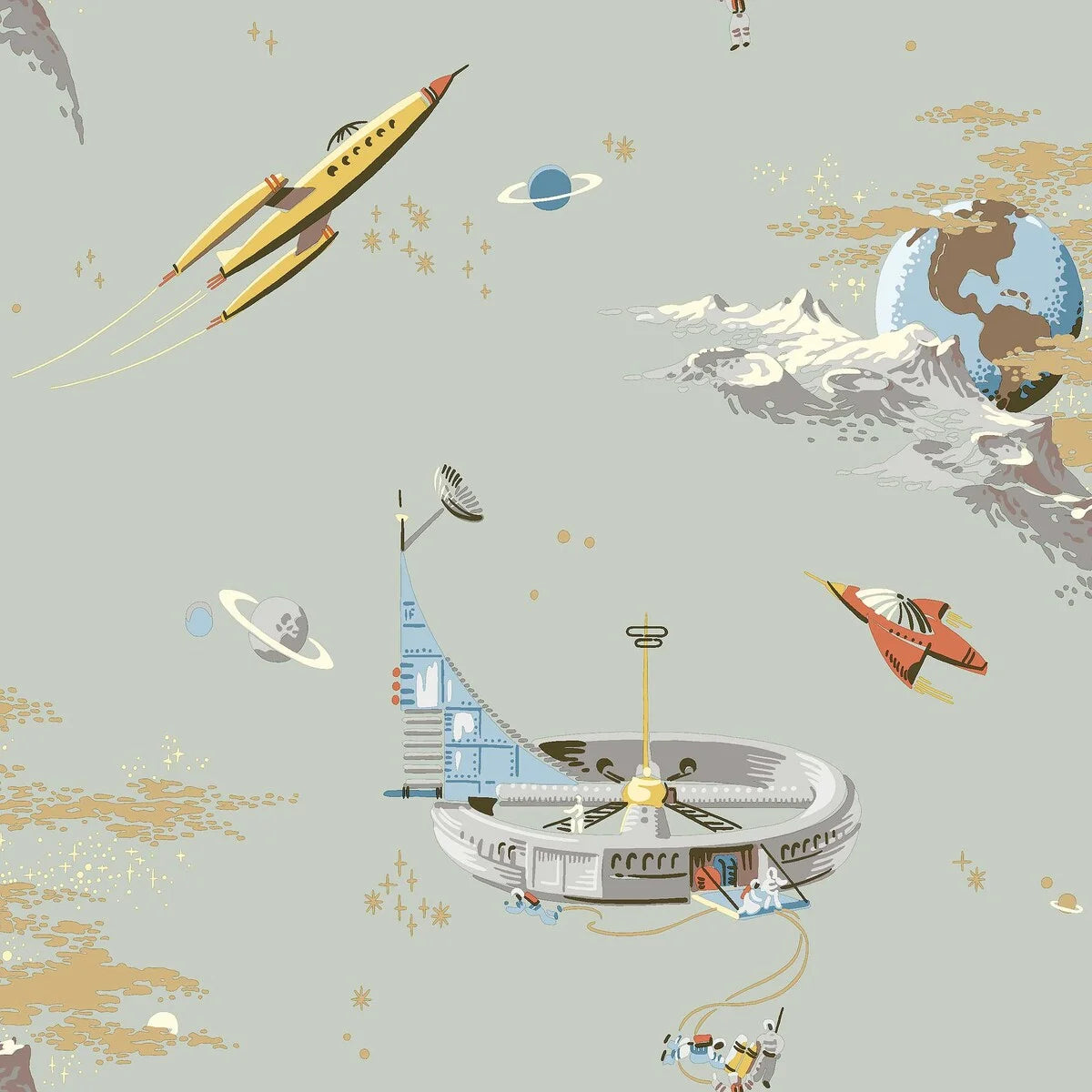 Embark on a cosmic journey with our Space Adventure wallpaper set on a soft mint green background with multi-colored and golden details.
