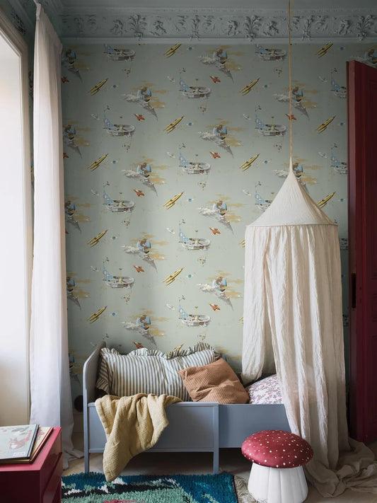 Embark on a cosmic journey with our Space Adventure wallpaper set on a soft mint green background with multi-colored and golden details.