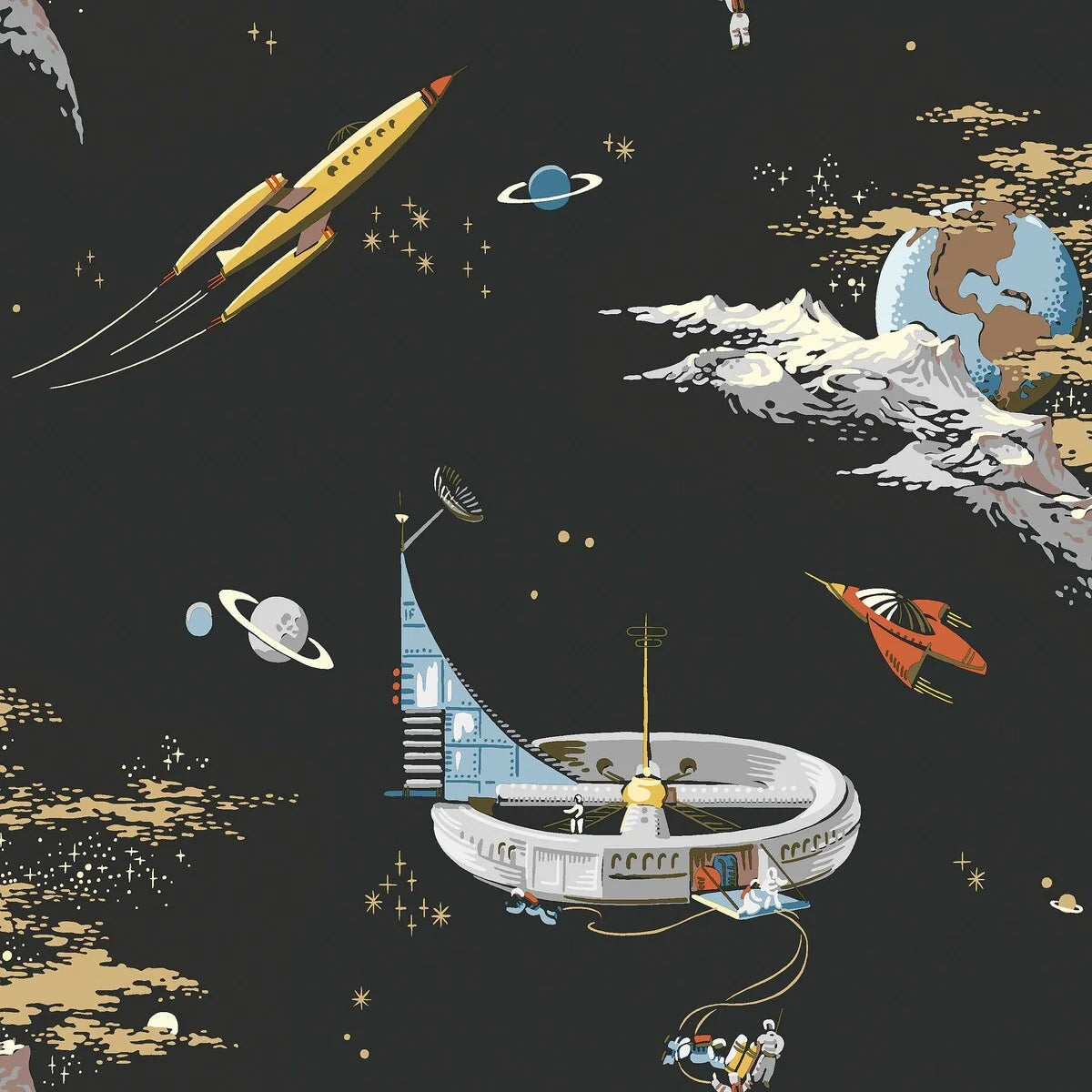 Turn walls into a cosmic journey with our Space Adventure wallpaper with multi-colored tones set on a warm black background.