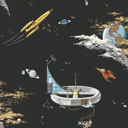 Turn walls into a cosmic journey with our Space Adventure wallpaper with multi-colored tones set on a warm black background.