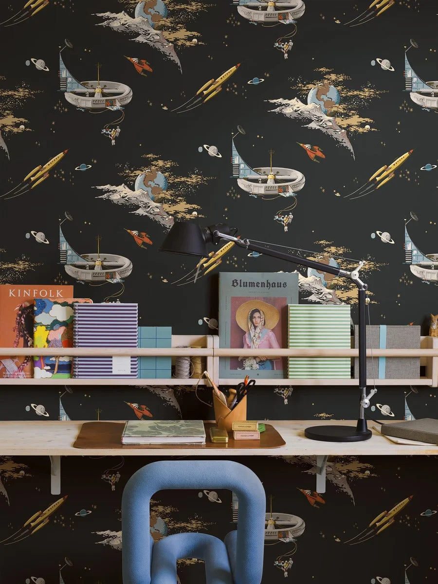 Turn walls into a cosmic journey with our Space Adventure wallpaper with multi-colored tones set on a warm black background.