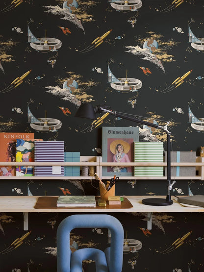 Turn walls into a cosmic journey with our Space Adventure wallpaper with multi-colored tones set on a warm black background.