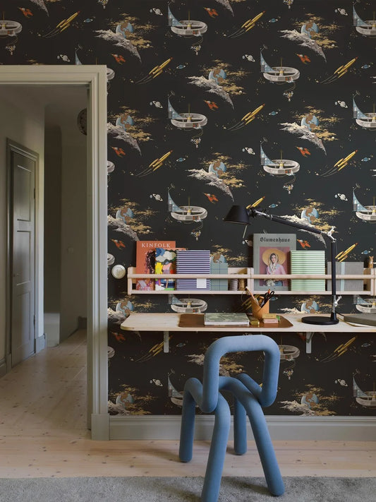Turn walls into a cosmic journey with our Space Adventure wallpaper with multi-colored tones set on a warm black background.