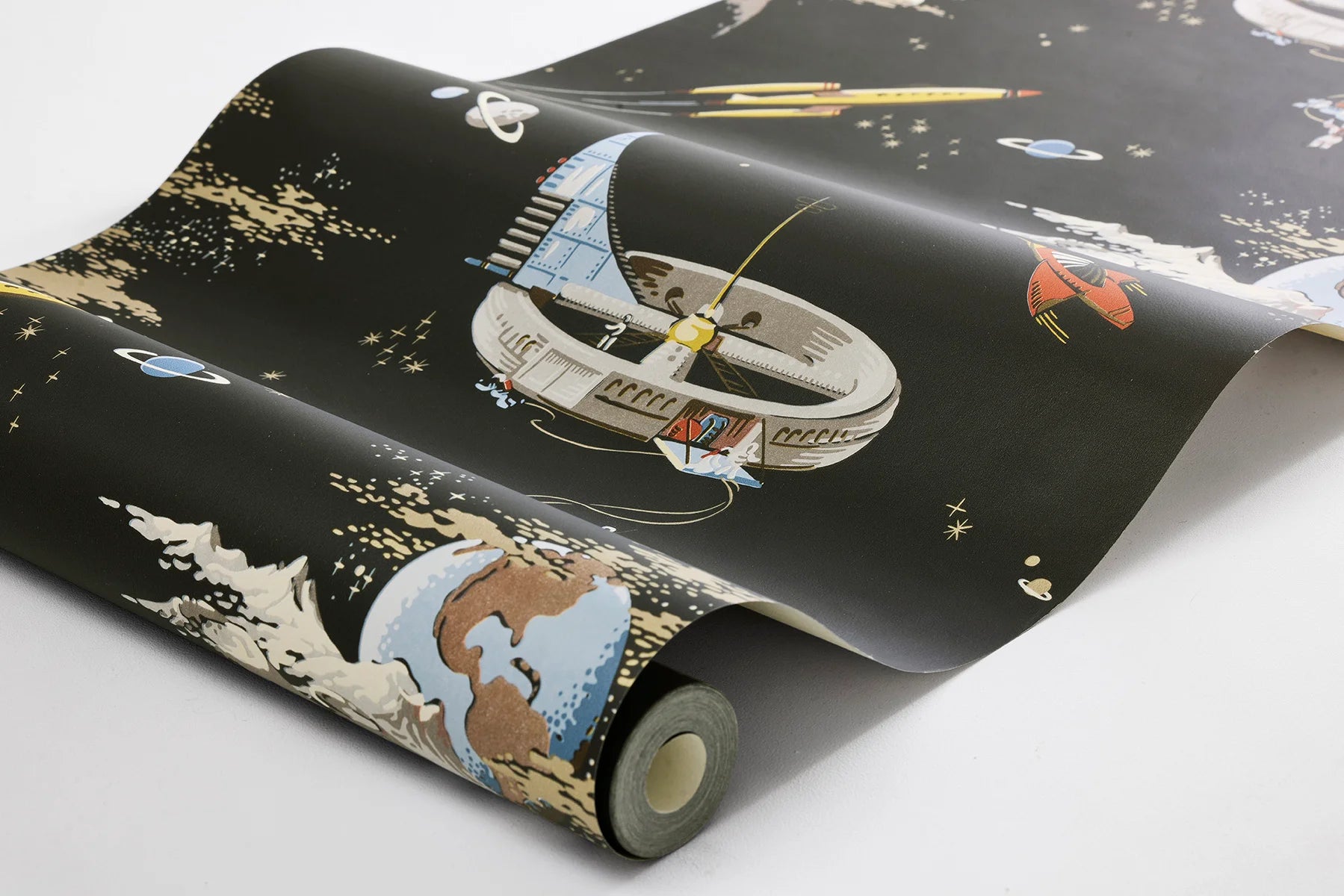 Turn walls into a cosmic journey with our Space Adventure wallpaper with multi-colored tones set on a warm black background.