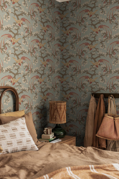 This version of our Fenix wallpaper comes in a fresh light green palette with terracotta, white and brown detailing.