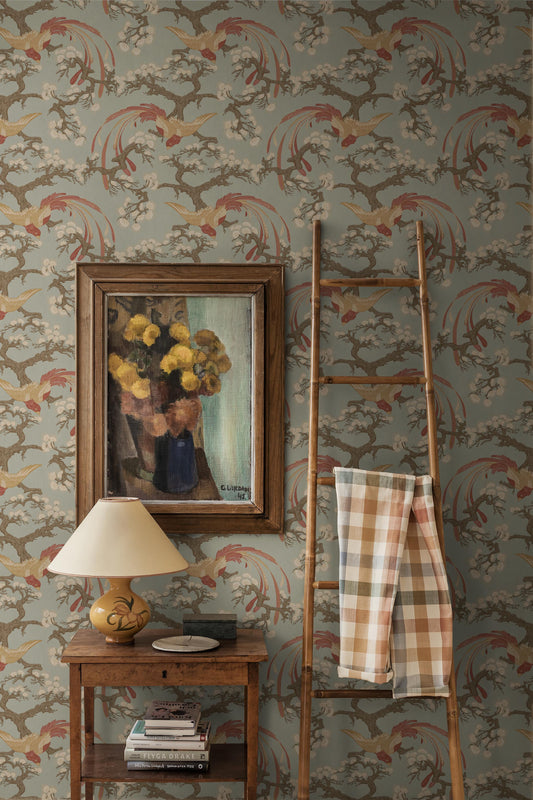This version of our Fenix wallpaper comes in a fresh light green palette with terracotta, white and brown detailing.