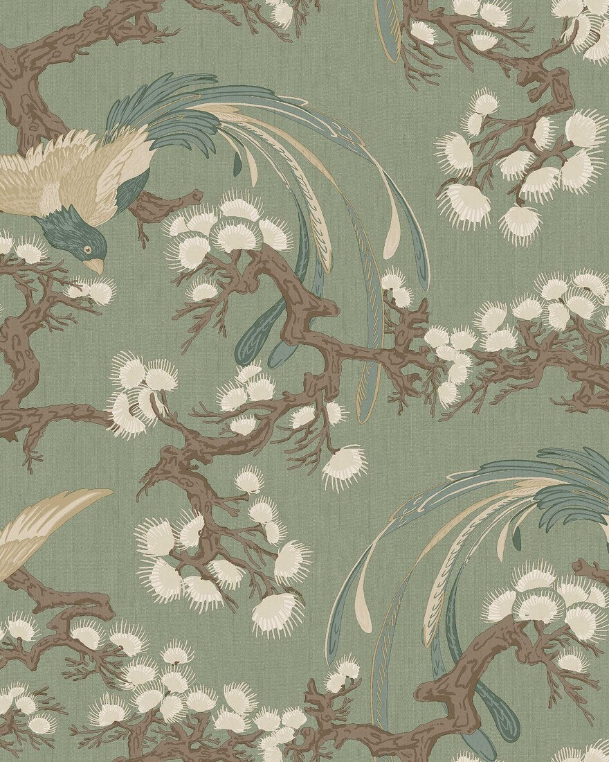 Fenix wallpaper features a deep green backdrop enriched with detailing in blue, brown and cream, creating an elegant and decorative presence on the wall.