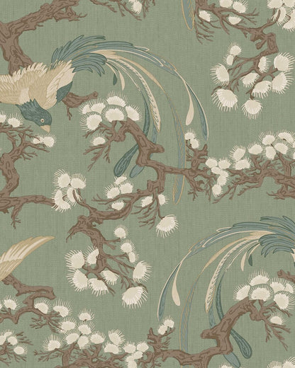 Fenix wallpaper features a deep green backdrop enriched with detailing in blue, brown and cream, creating an elegant and decorative presence on the wall.