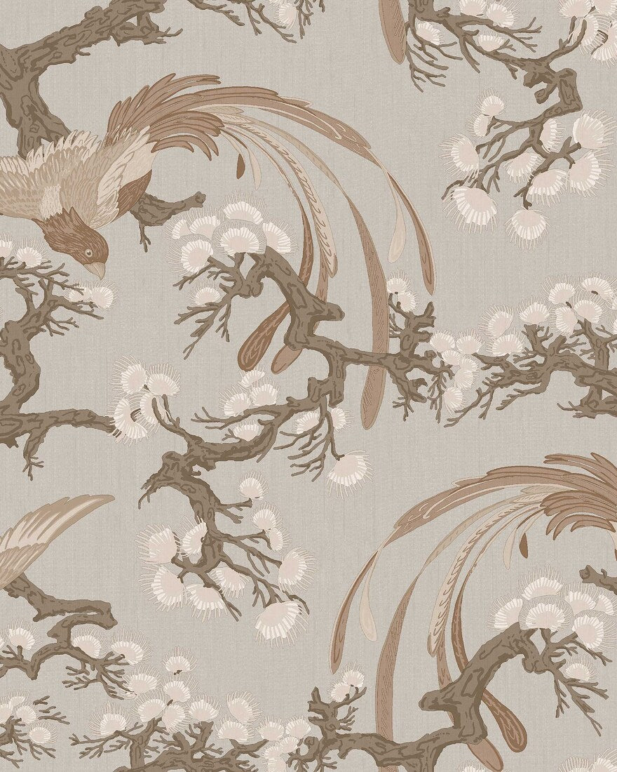 Fenix wallpaper pairs a warm brown-beige background with refined, hand-drawn birds resting among pine tree branches.