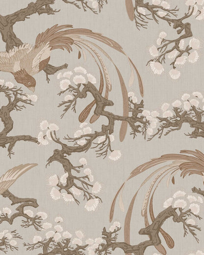 Fenix wallpaper pairs a warm brown-beige background with refined, hand-drawn birds resting among pine tree branches.