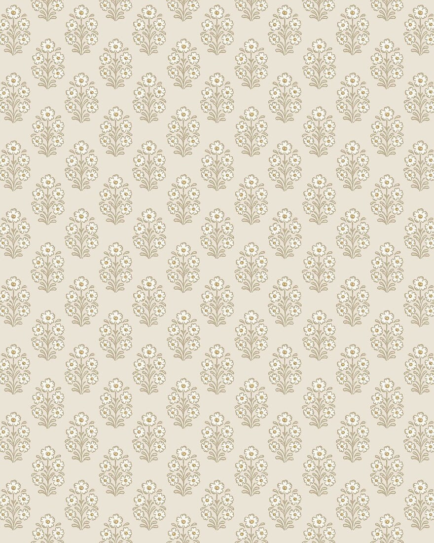 Set on a warm beige background, our Sibylla wallpaper features delicate floral bouquets arranged in gentle symmetry. 