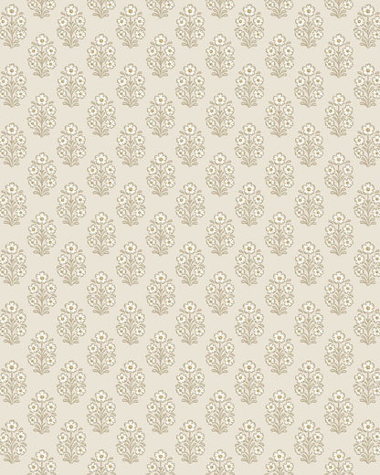 Set on a warm beige background, our Sibylla wallpaper features delicate floral bouquets arranged in gentle symmetry. 