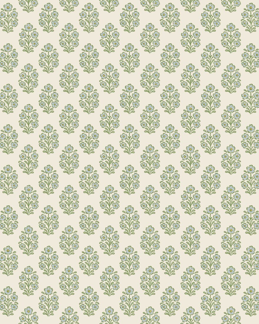 Sibylla wallpaper features small hand-drawn bouquets in gentle shades of blue and green set against a creamy white background, creating a light and calming expression.