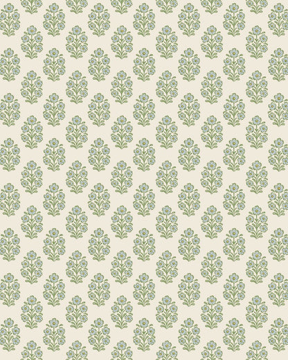 Sibylla wallpaper features small hand-drawn bouquets in gentle shades of blue and green set against a creamy white background, creating a light and calming expression.