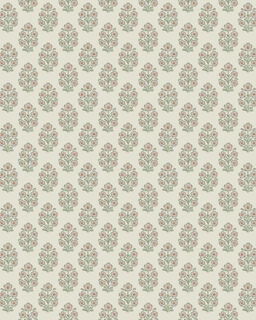 Set against a cream-white background, this Sibylla wallpaper is adorned with pale pink flowers with apricot centres and leaves in soft green tones, arranged in gentle, rhythmic bouquets.