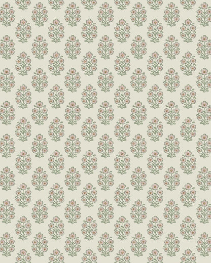 Set against a cream-white background, this Sibylla wallpaper is adorned with pale pink flowers with apricot centres and leaves in soft green tones, arranged in gentle, rhythmic bouquets.