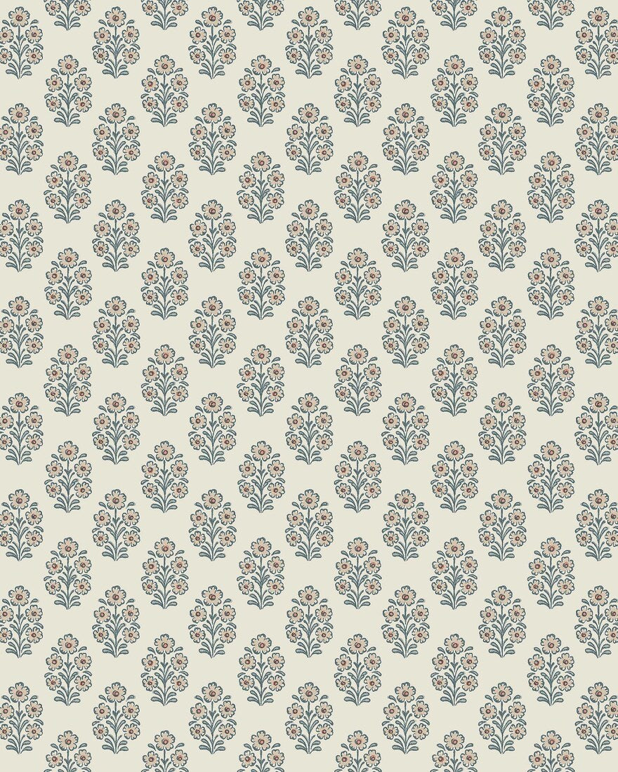 Set on a light linen-beige background, this Sibylla wallpaper features beige flowers with rust-brown centres and foliage in calm blue-grey tones.