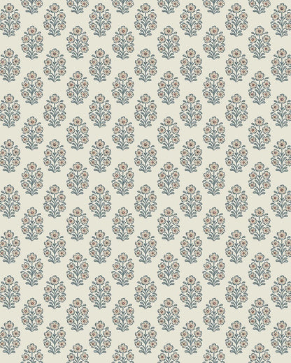 Set on a light linen-beige background, this Sibylla wallpaper features beige flowers with rust-brown centres and foliage in calm blue-grey tones.
