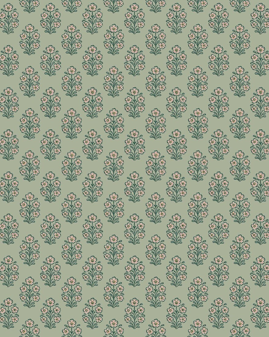 Set against a soft green background, this Sibylla wallpaper is decorated with stylised bouquets in light pink, yellow, and blue green. 