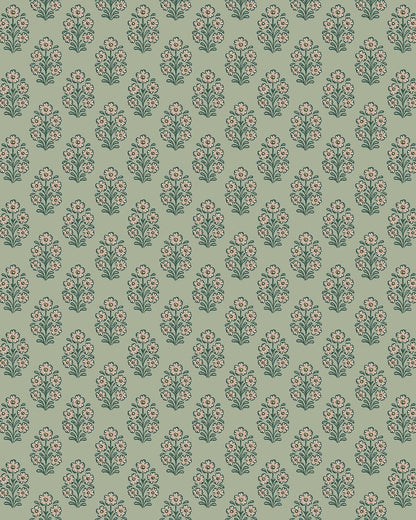 Set against a soft green background, this Sibylla wallpaper is decorated with stylised bouquets in light pink, yellow, and blue green. 
