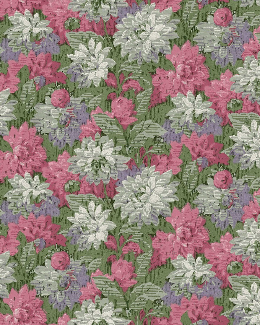 In its original colorway of green, vibrant pink, and soft purple, our Delilah wallpaper celebrates the beauty of blooming dahlias.