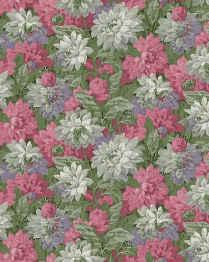 In its original colorway of green, vibrant pink, and soft purple, our Delilah wallpaper celebrates the beauty of blooming dahlias.