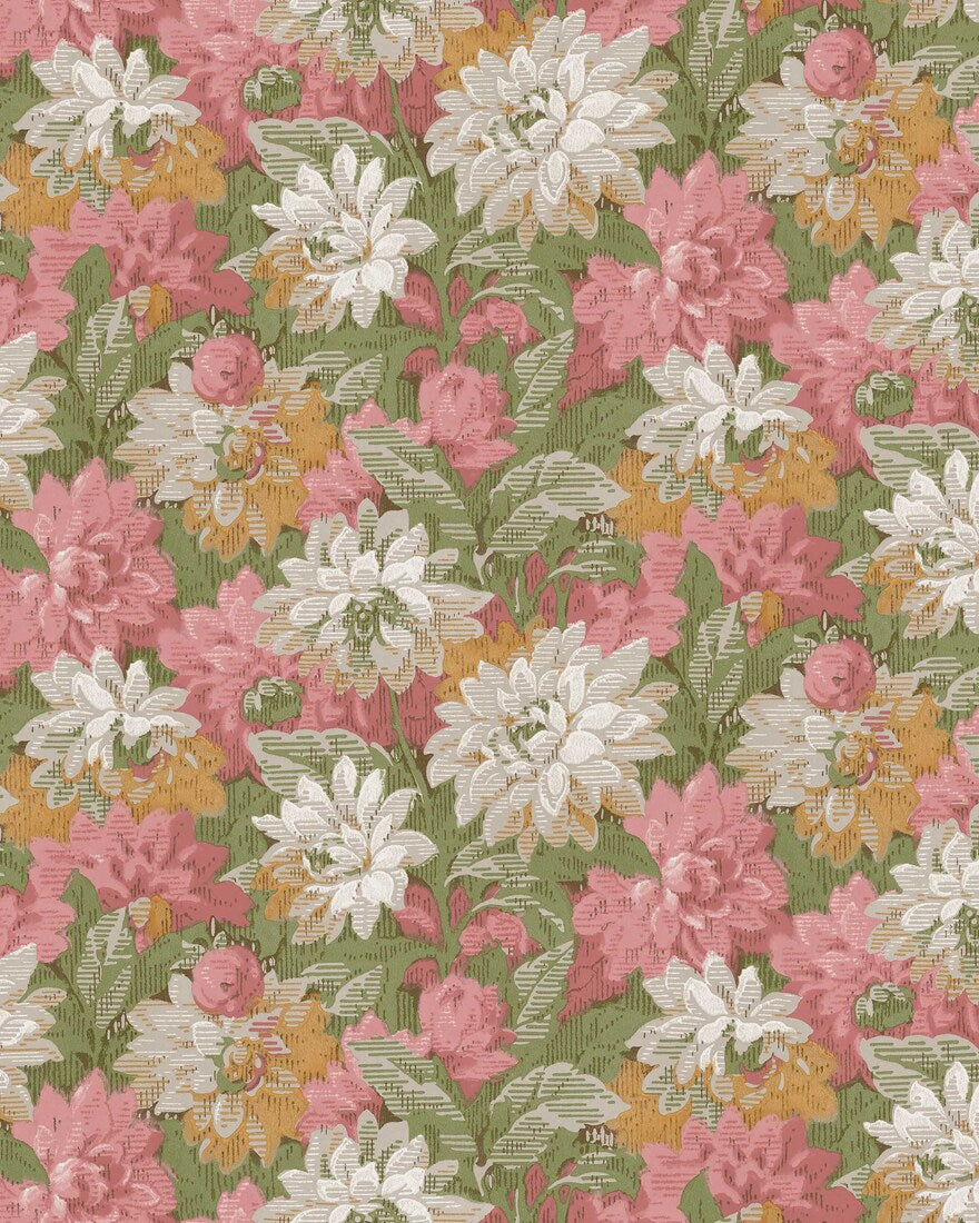 Colored in a warm palette of yellow and coral pink, our Delilah wallpaper glows with gentle optimism.