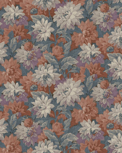 Colored in deep blue, brick red, and soft grey-purple tones, our Delilah wallpaper captures a dramatic and refined aesthetic. 