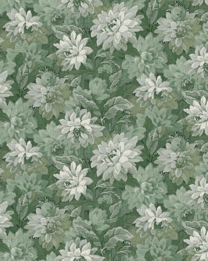 Colored in contrasting shades of green, our Delilah wallpaper is balanced, harmonious and serene. The floral tapestry pattern, filled with blooming dahlias, unfolds with gentle movement and refined detail.