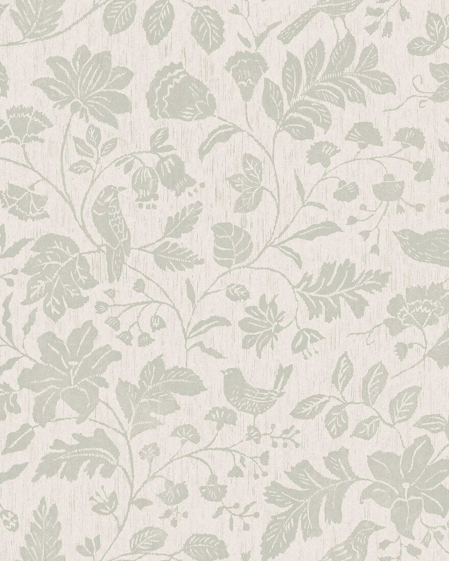 This version of our Isidor wallpaper is colored in light grey-green tones on a cream-white background with discreet streaks of shimmering silver.