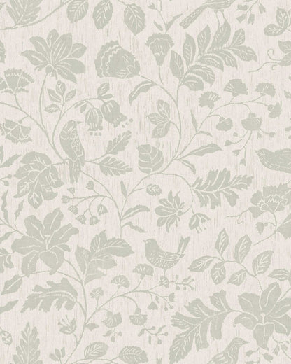 This version of our Isidor wallpaper is colored in light grey-green tones on a cream-white background with discreet streaks of shimmering silver.